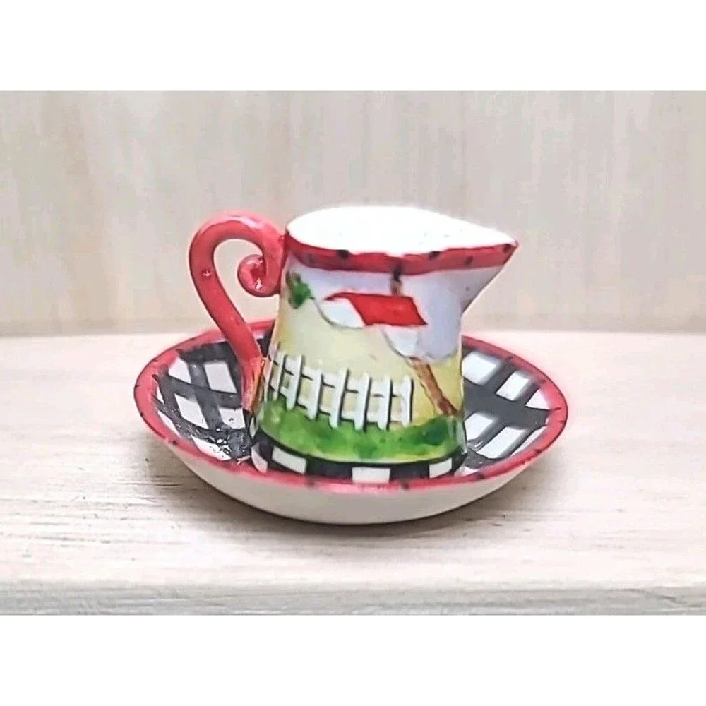 Vintage Miniature Cow Pitcher & Bowl Farmhouse Black White Checkered